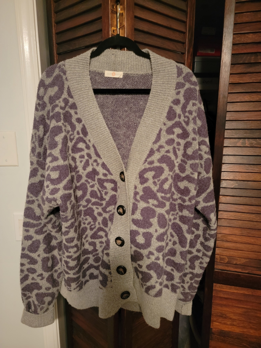 Purple Animal-Print Button Cardigan Sweater